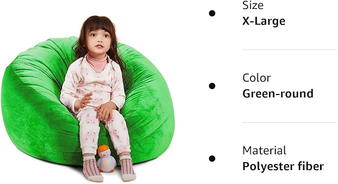 Bean Bag Chair Cover, Stuffed Animal Storage, Plush Toys Organizer Holder, Beanbag Chairs Cover for Kids Teans and Adults Super Soft and Comfortable Fabric X-Large with Handle and Zipper -Round Green