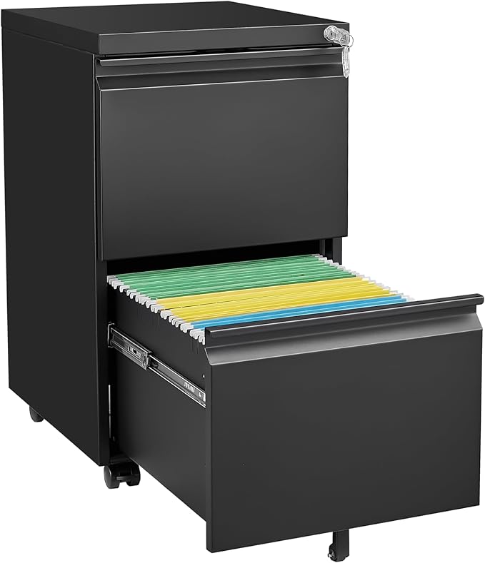 2 Drawer Mobile Lock and Casters,Pre-Assembled Metal Office Storage Filing Cabinets w/Anti-Dumping Fifth Round,for Letter/Legal/A4 Size,Black
