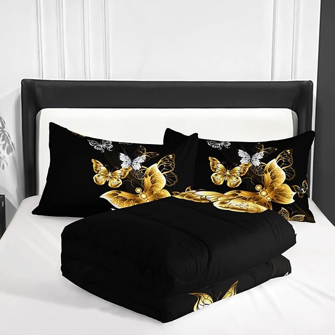 Butterfly Comforter Set for Adults Black and Gold Butterfly Bedding Set Aesthetics Butterflies Quilt Duvet Set Twin Size with 1 Comforter and 2 Pillowcases