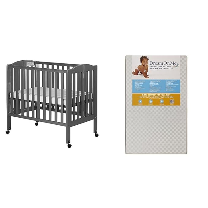 3 in 1 Portable Folding Stationary Side Crib with Dream On Me 3 Portable Crib Mattress, White