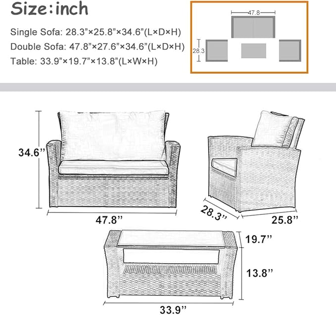 FDW Sectional Sofa Rattan Chair Wicker Conversation Set Outdoor Backyard Porch Poolside Balcony Garden Furniture with Coffee Table, Brown