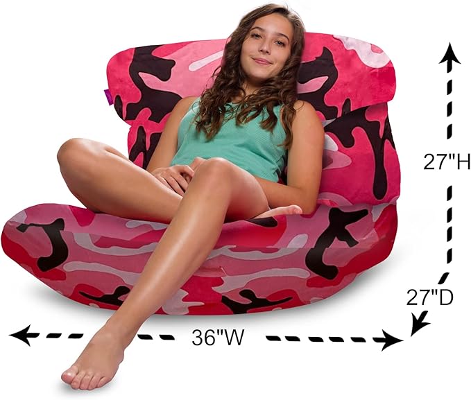 Posh Creations Structured Comfy Bean Bag Chair for Gaming, Reading and Watching TV, Laguna Lounger, Nylon - Camo Pink and Black
