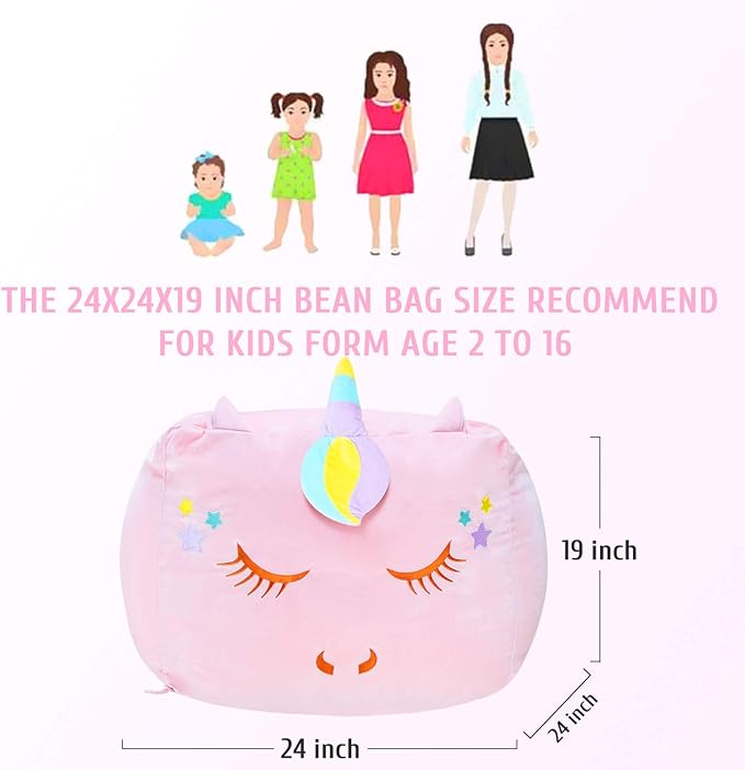 Unicorn Stuffed Animal Toy Storage, Kids Bean Bag Chair COVER ONLY, Velvet Extra Soft Stuffed Organization Replace Mesh Toy Hammock for Kids Blankets Towels Clothes Home Supplies Pink