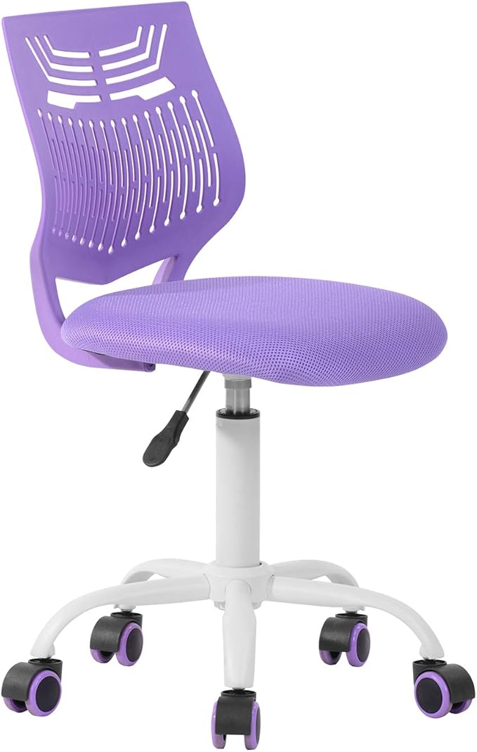 Kids Desk Chair, Armless Home Office Task Chair with Mesh Padded Cushion, Swivel Study Computer Chair with Rolling Wheels for Children Student, Purple