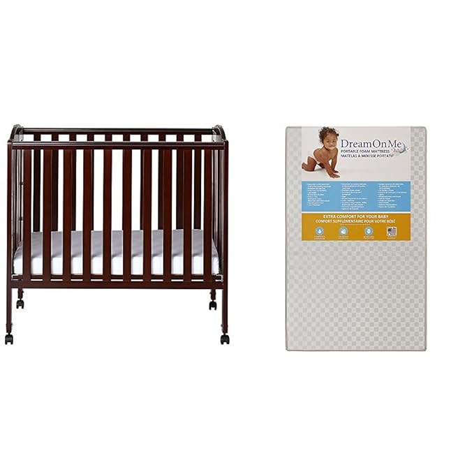 3 in 1 Portable Folding Stationary Side Crib with Dream On Me 3 Portable Crib Mattress, White