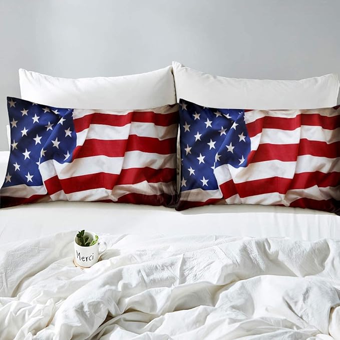 Erosebridal American Flag Comforter Set, United States Down Comforter Twin Size for Kids Boys Teens, USA Federations Stars Bedding Set Geometric Stripes Quilted Duvet for Bedroom, Blue White and Red
