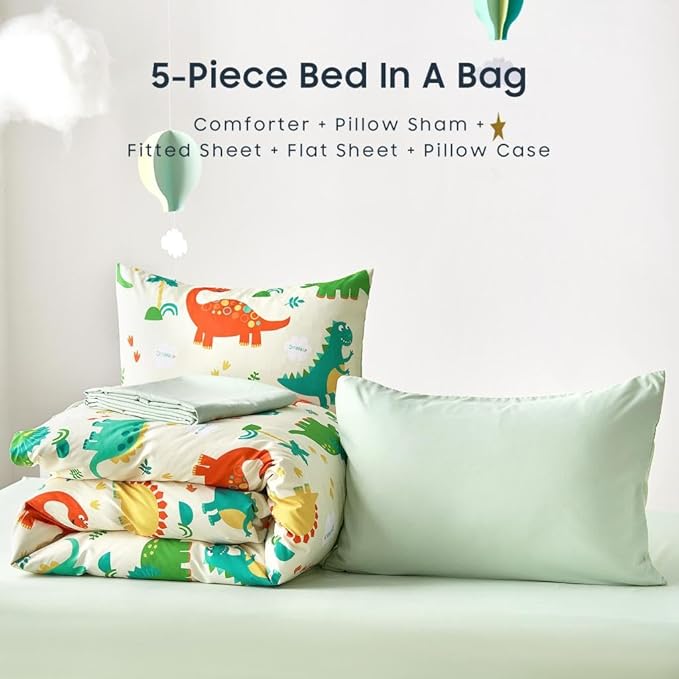 Wake In Cloud - Dinosaur Bedding Set for Boys, Cute Colorful Dinosaur Comforter Set with Sheets, 5 Pieces Kids Bed in a Bag, Cream Green, Twin Size