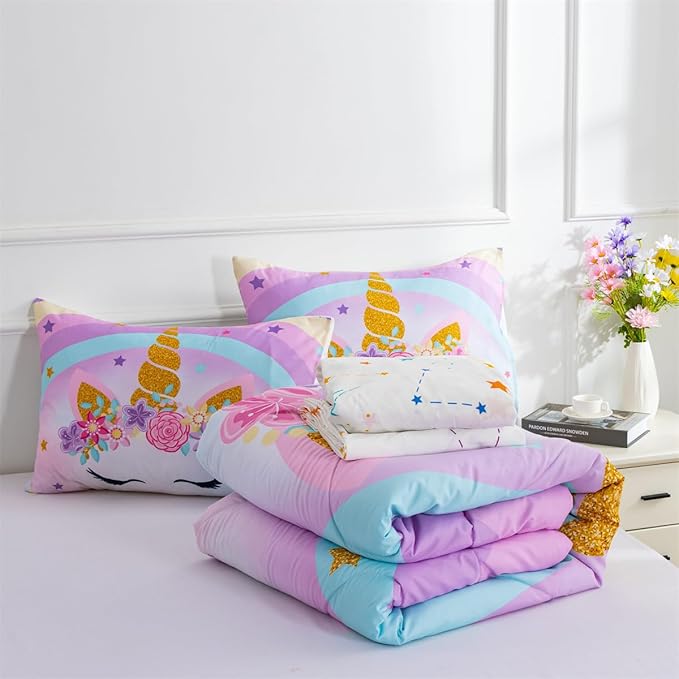 NTBED Unicorn Full Comforter Set with Sheets,5 Pieces Kids Bedding Sets for Girls, Lightweight Microfiber Star Rainbow Bed in a Bag,Blue Purple