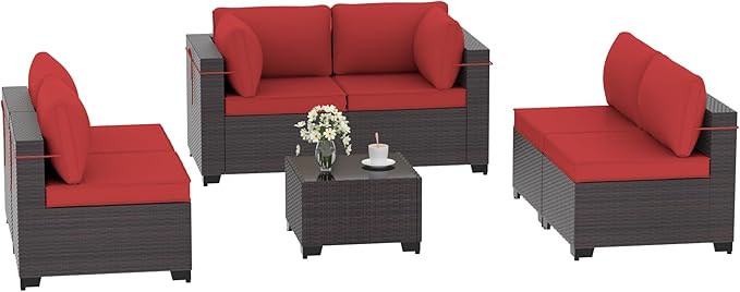 Outdoor Furniture Set 7PCS Patio Furniture for Backyard Wicker Sectional Sofa Set 6 Seats, PE Rattan Outdoor Conversation Set with Thickened Cushions and Glass Coffee Table, Red
