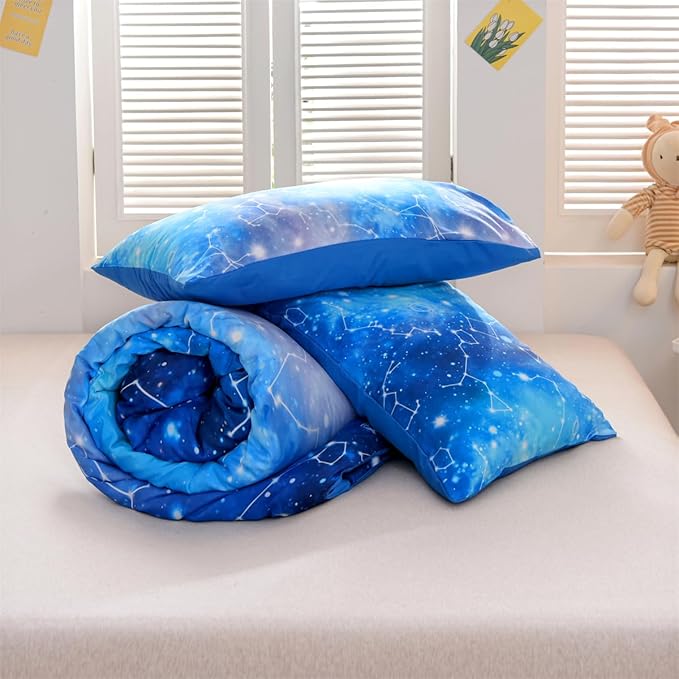 Holawakaka Tie Dye Constellation Print Ombre Comforter Set Twin Size Girls Boys Gradient Galaxy Bedding Set (Cyan,Twin)