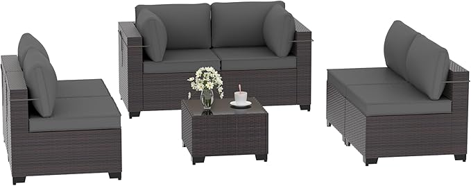 Outdoor Furniture Set 7PCS Patio Furniture for Backyard Wicker Sectional Sofa Set 6 Seats, PE Rattan Outdoor Conversation Set with Thickened Cushions and Glass Coffee Table, Grey