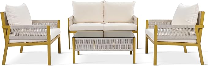 4-Piece Patio Conversation Furniture Set, Rope Weave Outdoor Loveseat Sofa with 2 Armchairs, Thick Cushion&Tempered Glass Table, for Garden Backyard, Onesize, Beige+Mustard Yellow
