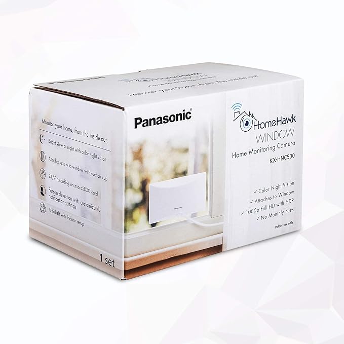 Panasonic HomeHawk Window Home Monitoring Camera for Outdoor Monitoring, Mounts to Inside Window, Color Night Vision, Wide Angle, 24/7 Full HD Recording, Person Detection, Alexa Compatible KX-HNC500