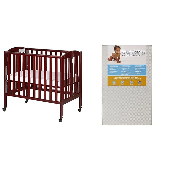 3 in 1 Portable Folding Stationary Side Crib with Dream On Me 3 Portable Crib Mattress, White