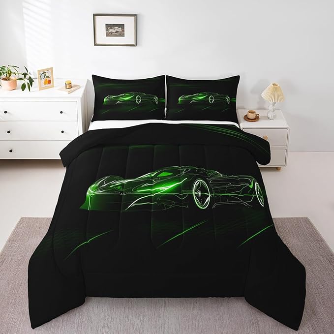 Feelyou Green Race Car Bedding Set King Size for Kids Boys Extreme Sport Games Comforter Set Teens Toddler Fast and Furious Duvet Set Cool Modern Quilt Set 3Pcs