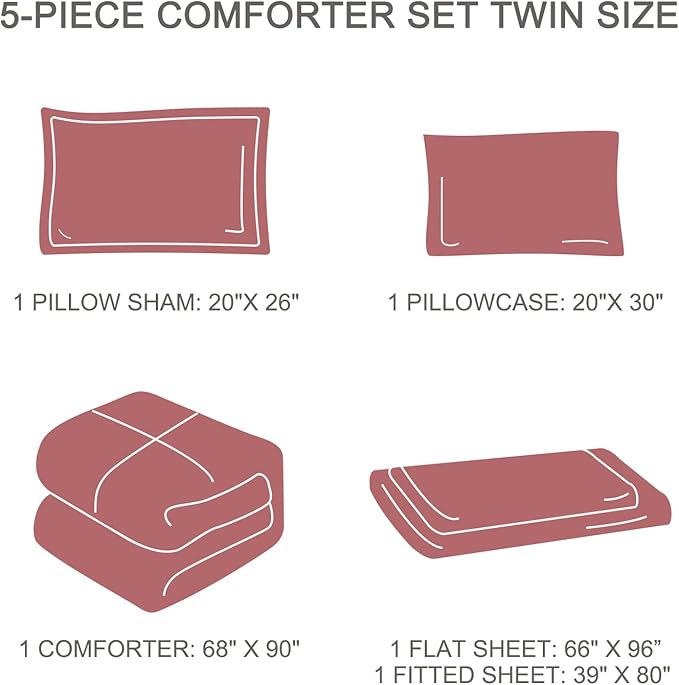 EMME Twin Comforter Set - Red Floral Bedding Set 5 PCS with Flowers Leaves Pattern, Soft Plant Printed Botanical Bed Set with Sheets, Fluffy Bed Bag for All Season(68"X90")