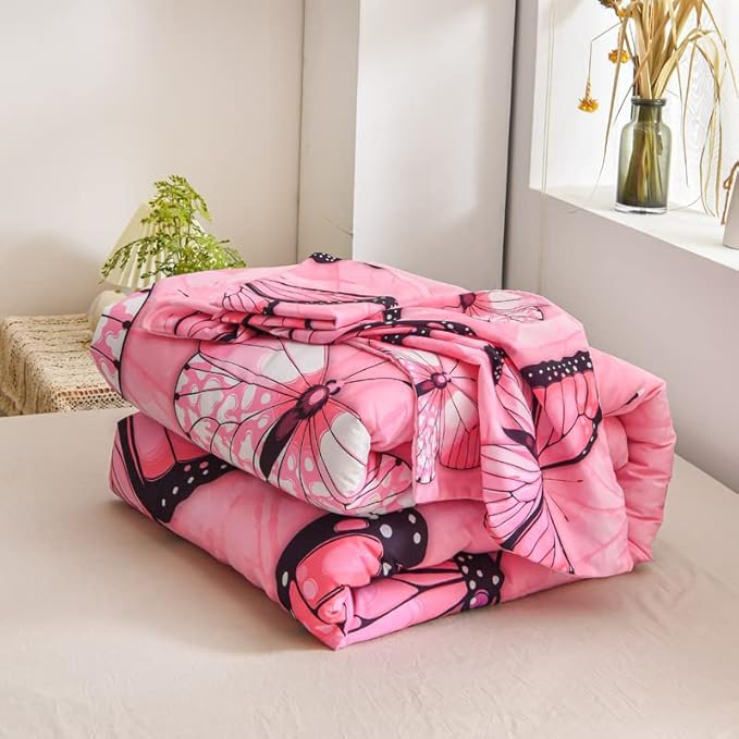 Btargot 3 Piece Pink Butterfly Girls Kids Adults Queen Size Comforter Set, Lightweight Soft All Season Bedding Set with 2 Pillowcases