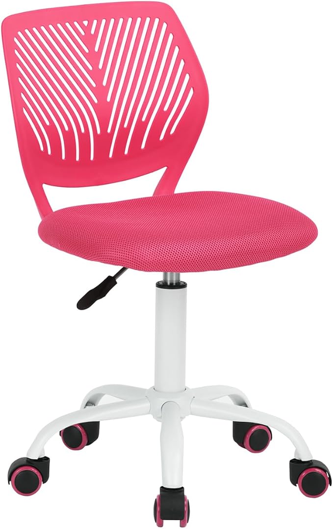 Desk Chair Armless Small Study Chairs Armless for Child Kids Teens, Ergonomic Swivel Rolling Lightweight Task Chair with Wheels and Mesh Padded Cushion, Pink