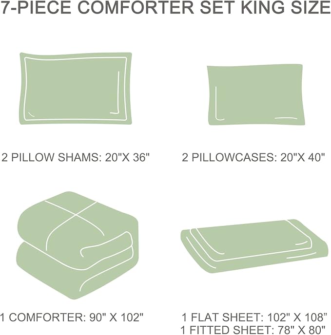 EMME Botanical Sage Green Comforter Set King Size 7 Pieces_Brushed Microfiber Bed in a Bag for Girls, Ultra Soft Bedding Set with Sheets (Sage Green, King (7 Piece), Adult