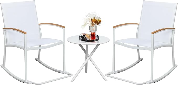 Shintenchi 3 Piece Outdoor Rocking Bistro Set, Textilene Fabric Small Outdoor Furniture, Front Porch Rocker Chairs Conversation Set with Table for Lawn, Garden, Balcony, Poolside (White)