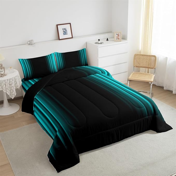 Geometric Abstract Ombre Comforter Set Kids Teens Teal and Black Striped Bedding Bed Set Decor Modern Fashion Comforter Inner Fill Bedroom Collection 3Pcs Full Size