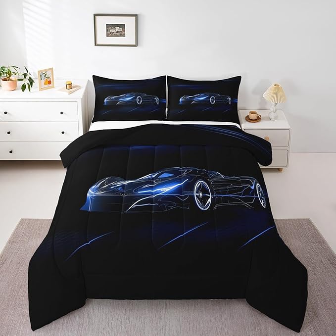Feelyou Blue Race Car Bedding Set Queen Size for Kids Boys Extreme Sport Games Comforter Set Teens Toddler Fast and Furious Duvet Set Cool Modern Quilt Set 3Pcs