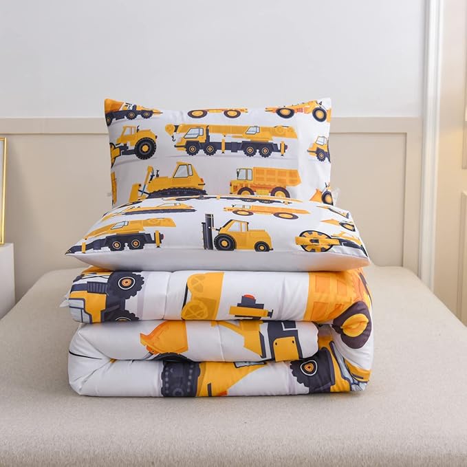 NTBED Construction Truck Comforter Set for Boys Kids Vehicles Excavator Cars Lightweight Microfiber Bedding Sets (White,Full)