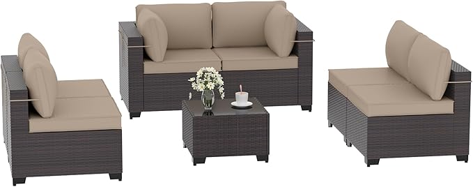 Patio Furniture Set 7-Pieces Outdoor Furniture for Backyard Wicker Sectional Sofa Set, Rattan Patio Conversation Set with Thickened Cushions and Glass Coffee Table, Sand