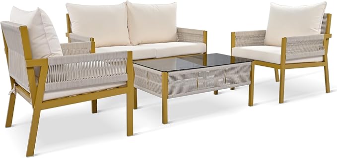 4 Piece Patio Furniture Set, Outdoor FSC Certified Acacia Wood Conversation Set, All-Weather Rope Sofa Set w/Tempered Glass Table, Loveseat for Lawn Balcony Poolside, Backyard, Backyard