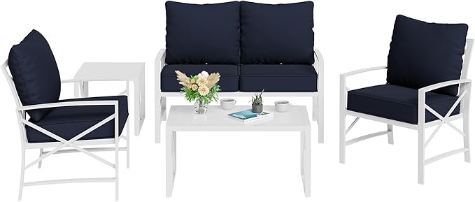 Shintenchi 5 Piece Outdoor Furniture Sets, White Metal Sofa Conversation Sets with Loveseat, Two Single Chairs and Two Coffee Tables for Backyard, Patio, Balcony, Poolside (Dark Blue)