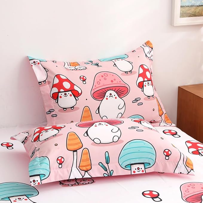 Wajade Kids Cute Mushroom Comforter Set Bed in A Bag Twin Size 7 Piece Pink Cartoon Mushroom Head Bedding Set for Girls (1 Comforter, 1 Flat Sheet, 1 Fitted Sheet, 2 Pillowcase and 2 Pillow Sham)