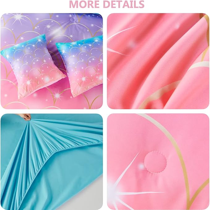 PERFEMET Mermaid Comforter Set for Girls 6 Pieces Rainbow Glitter Twin Size Kids Bedding Set Purple Pink Ombre Mermaid Scale Print Bed in A Bag Comforter Set with Sheets