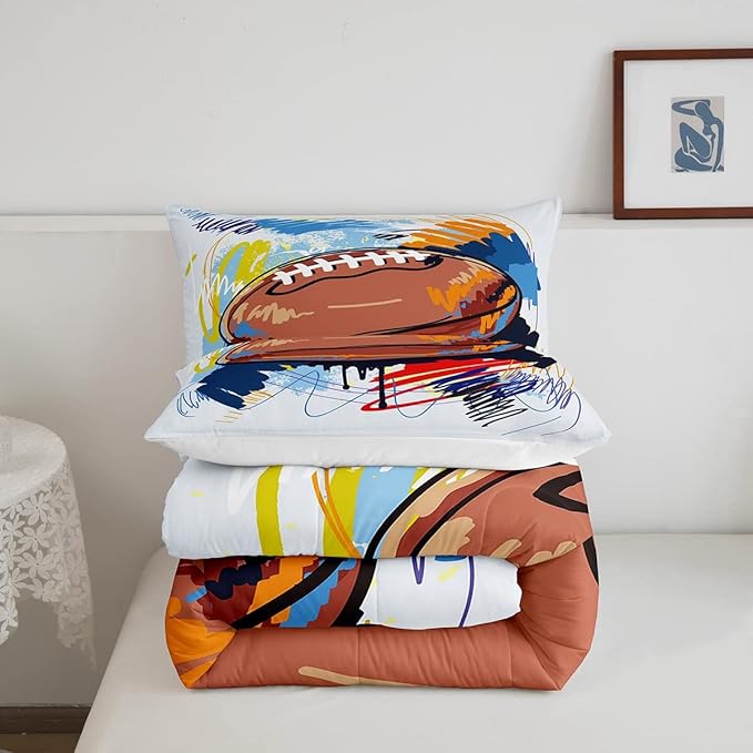 Boys Football Comforter Set King Kids Teen Sports Bedding Set Bedroom Decor,Watercolor Tie Dye Hand Drawn Graffiti Football Bedding Comforter Sets Rugby Quilt Duvet 2 Pillow Cases Colorful Brown