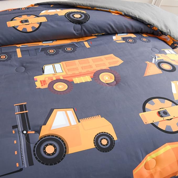 NTBED 5 Pieces Construction Truck Comforter Set for Boys Kids Vehicles Excavator Cars Lightweight Microfiber Bedding Sets (Grey, Twin)