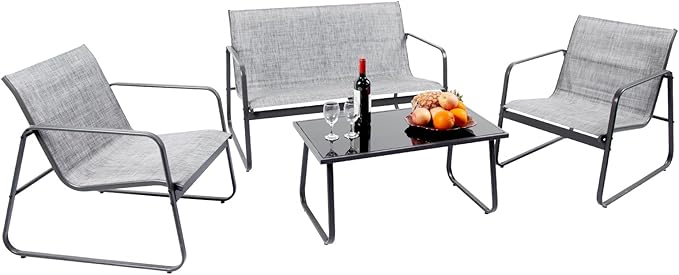 4 Piece Patio Outdoor Furniture Set with Strong Powder Coated Metal Frame One Love Seat, Two Single Chairs and one Table for Porch, Balcony, Backyad, Patio Conversation Set (Grey)