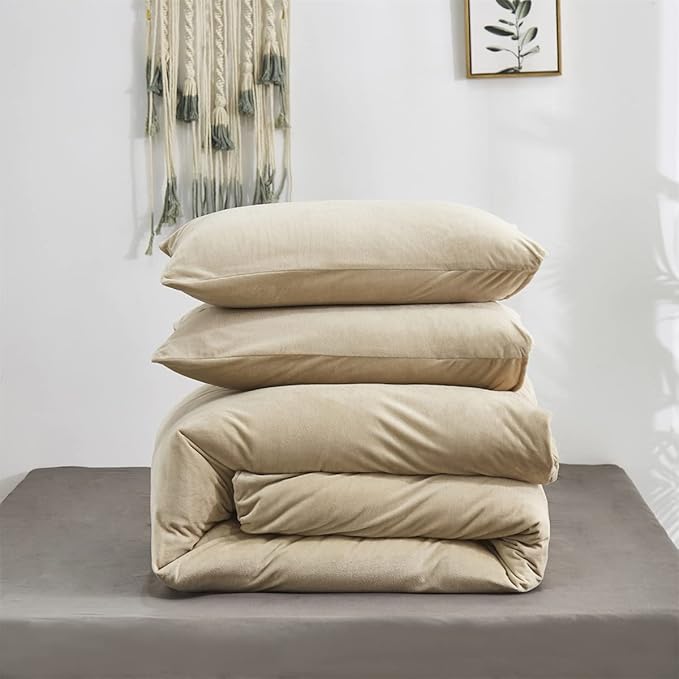 Wellboo Beige Velvet Comforter Sets Queen Solid Cream Coffee Fluffy Bedding Comforters Luxury Champagne Flannel Quilts Women Men Light Taupe Fuzzy Blankets Modern Minimalist Khaki Tan Sherpa Plush Bed