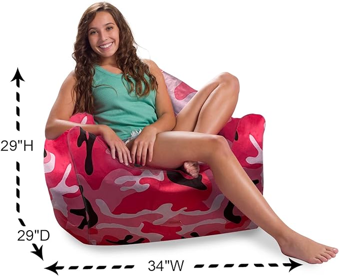 Posh Creations Structured Comfy Bean Bag Chair for Gaming, Reading and Watching TV, Malibu Lounge, Nylon - Camo Pink and Black