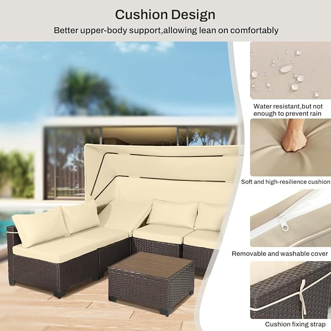 6 PCS Outdoor Patio Furniture Set,Sectional Sofa Set,Rattan Daybed with Retractable Canopy,Adjustable Backrest,Storage Coffee Table,Chaise Chair Sunbed for Porch Garden Poolside Backyard(Beige)