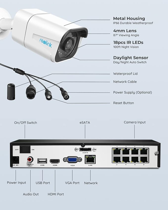 REOLINK 4K Security Camera System - H.265 4pcs PoE Security Cameras Wired with Person Vehicle Detection, 8MP/4K 8CH NVR with 2TB HDD for 24-7 Recording, RLK8-800B4