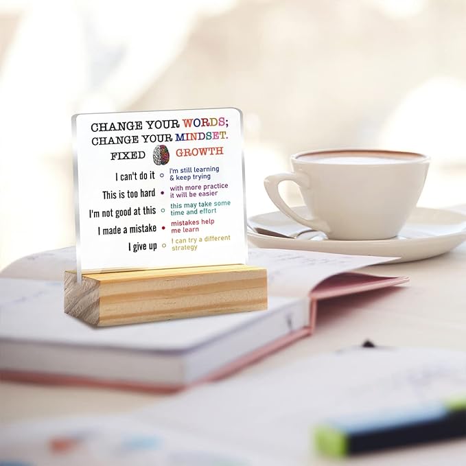 Growth Mindset Gift Change Your Words Change Your Mindset Clear Desk Decorative Sign Keepsake Present Positive Acrylic Plaque with Wooden Stand Sign Desk Decor for Home Office