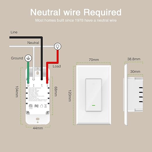 GHome Smart Switch, 2.4Ghz Wi-Fi Light Switch Compatible with Alexa, Google Home, Neutral Wire Required, Single-Pole,UL Certified,Voice Control and Timer, No Hub Required,1 Pack, White (SW5)