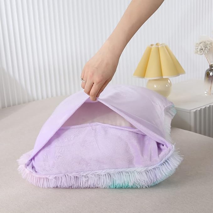 WINLIFE Shaggy Bedding Comforter Set Faux Fur Flannel Furry Comforter Microfiber Plush Comforter Sets Pastel Gradient Ombre Tie Dye MultiColor Bedding for Girls Adults (3Pcs, Full, Teal Purple)