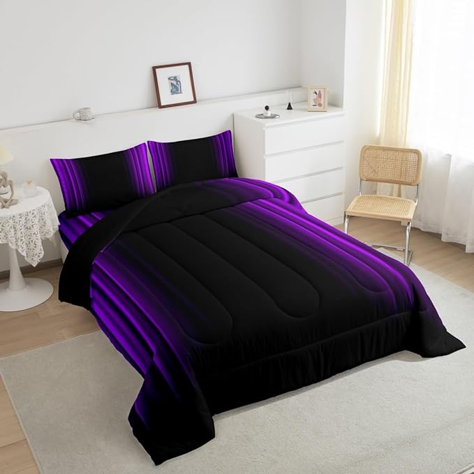 Geometric Abstract Ombre Comforter Set Kids Teens Purple and Black Striped Bedding Bed Set Decor Modern Fashion Comforter Inner Fill Bedroom Collection 3Pcs King Size