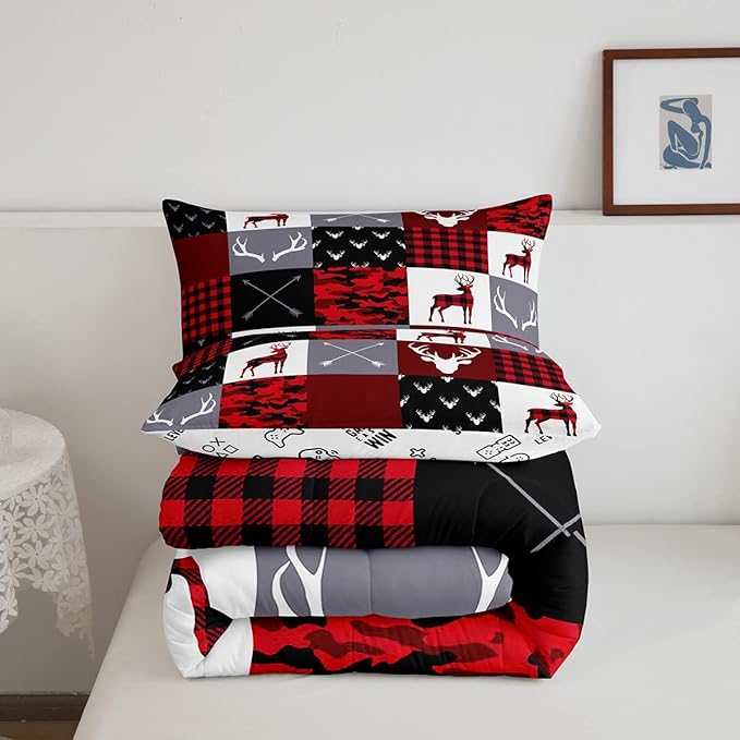 Deer Silhouette Comforter Set Full Size,Antler Arrow Grid Stripe Design Bedding Duvet 3pcs for Kids Teens Adult Boys Girls Home Room Decoration, Camouflage Christmas Style Red Quilt Set
