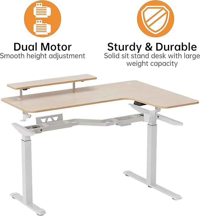 EUREKA ERGONOMIC Standing Desk Adjustable Height 61" Electric Sit Stand Computer Desk L Shaped with Keyboard Tray,Monitor Stand &LED, Dual Motor Memory Presets Sit to Desk Adjustable Desk, Right/Maple