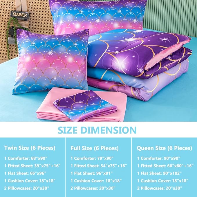 PERFEMET Pink Mermaid Comforter Set Full Size 6 Pieces Bed in A Bag Colorful Rainbow Bedding Set for Teens Girls 3D Sparkly Glitter Ombre Bed Set with Comforter and Sheets (Pink Mermaid, Full)