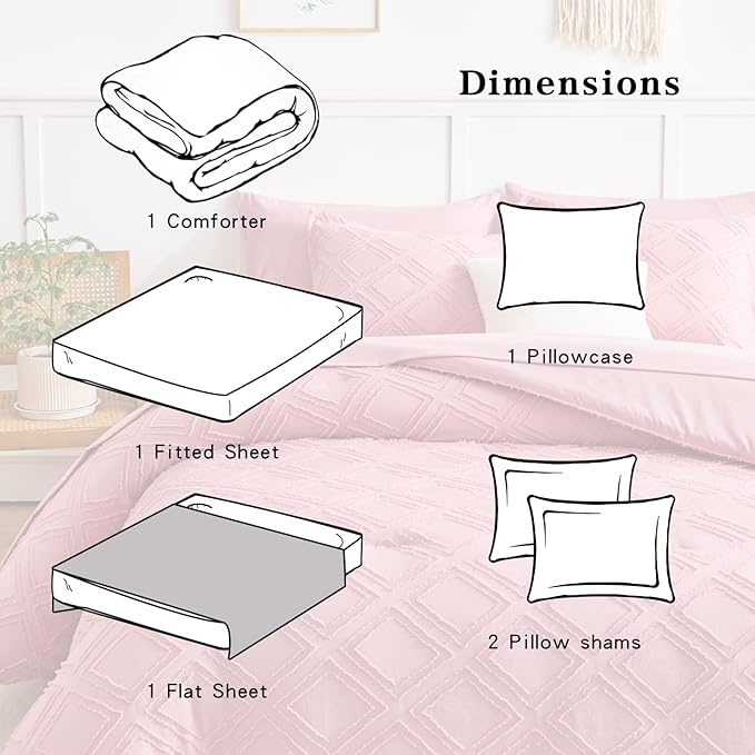 6 Pieces Tufted Bed in a Bag Twin Comforter Set with Sheets Pink, Soft and Embroidery Shabby Chic Boho Bohemian, Luxury Solid Color with Diamond Pattern, Jacquard Tufts Bedding Set for Kids Girls