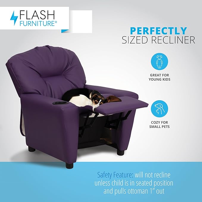 Flash Furniture Chandler Vinyl Kids Recliner with Cup Holder and Safety Recline, Contemporary Reclining Chair for Kids, Supports up to 90 lbs., Purple
