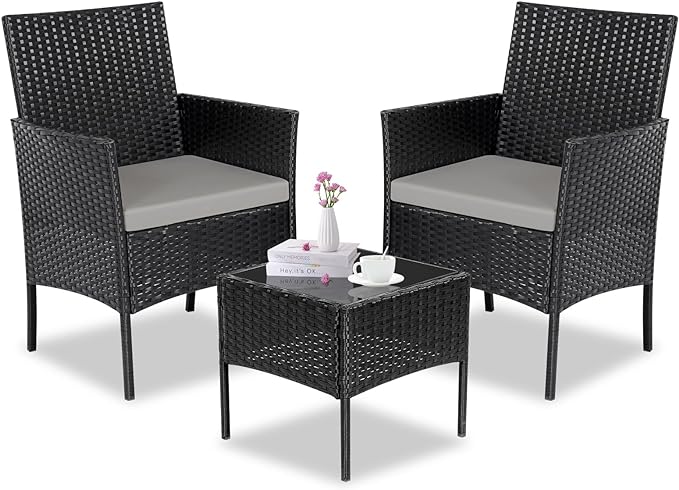Patio Set 3 Piece Outdoor Rattan Porch Furniture with Tempered Glass Side Table & Cushion All Weather Conversation Bistro Set for Balcony,Deck,Porch (Brown/Beige)