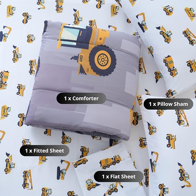 Twin Size Comforter Set for Boys, 4-Piece Bed in a Bag, 3D Construction Bedding Comforter Sheet Set, Ultra Soft and Fluffy, Cartoon Truck Cars